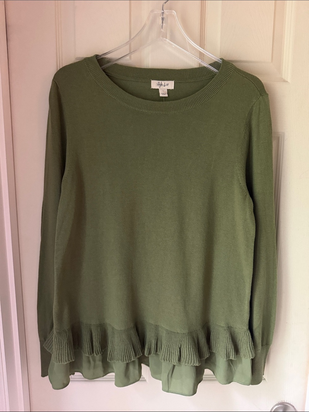 Style & Co. Olive Green Ruffle-Hem Lightweight Sweater